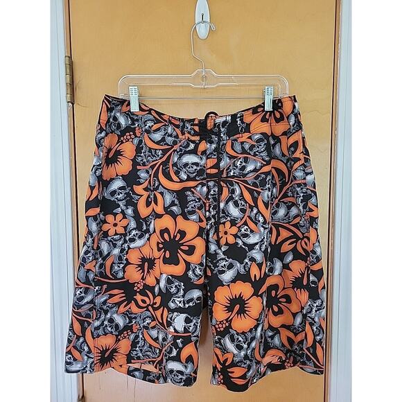 Point Zero Y2K Skull Board Shorts Men's Size M Floral Hibiscus Vintage Trunks - Picture 1 of 5
